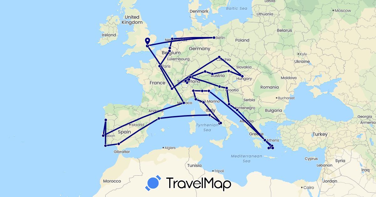 TravelMap itinerary: driving in Austria, Belgium, Switzerland, Czech Republic, Germany, Spain, France, United Kingdom, Greece, Croatia, Hungary, Italy, Netherlands, Portugal, Slovenia (Europe)